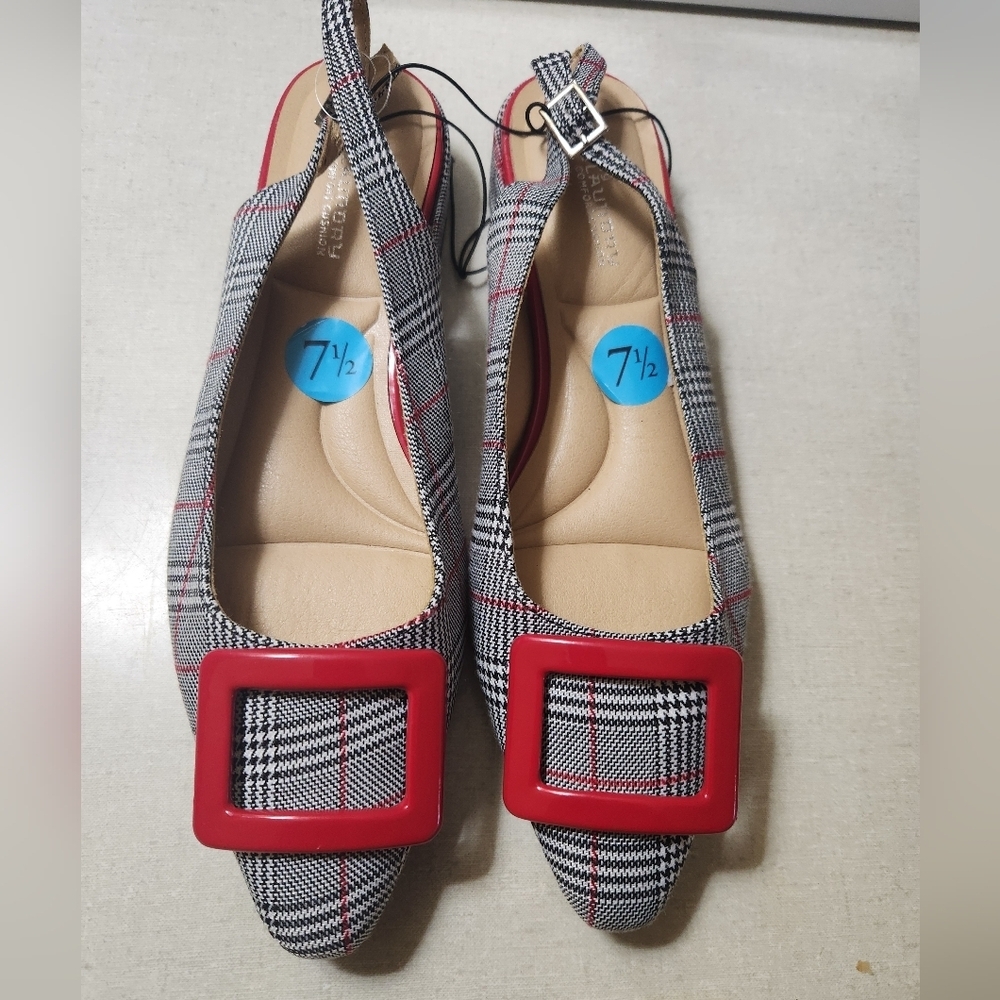 CL by Laundry Red&Black Houndstooth Plaid Slingback Buckled Flats,Size 7.5, NWOT